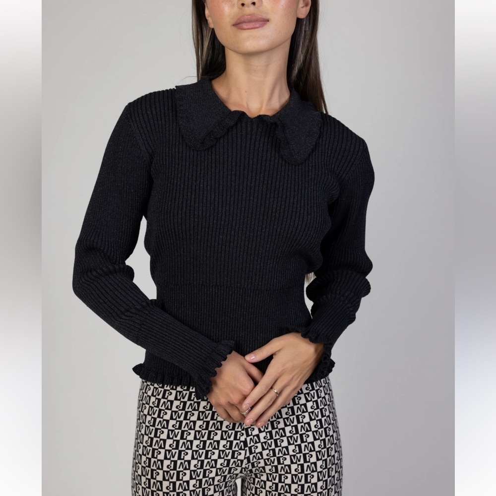 Munthe Ruffle Knit Black and Gold Textured Knit Blouse 🖤